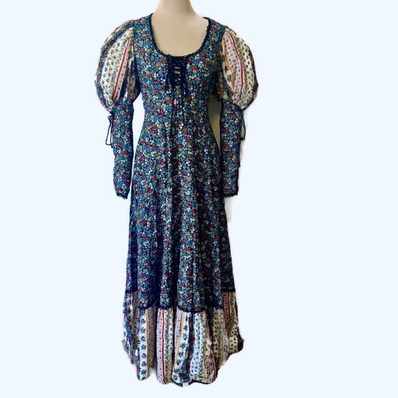 Vintage GUNNE SAX Edwardian Prairie Goddess Hippie Boho Maxi Dress Floral XS - Picture 1 of 15